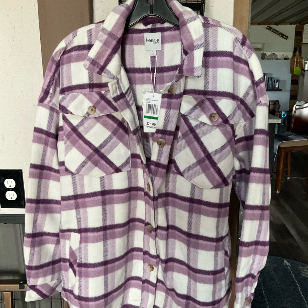 Kensie Lavender Plaid Utility Shacket - Purple & White